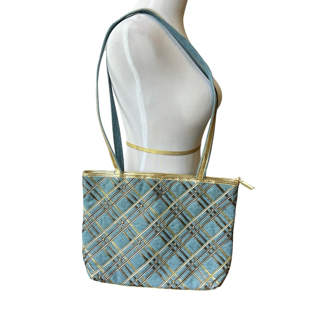 90s Chambray/DenimShoulder Bag with metallic gold and stud detailing